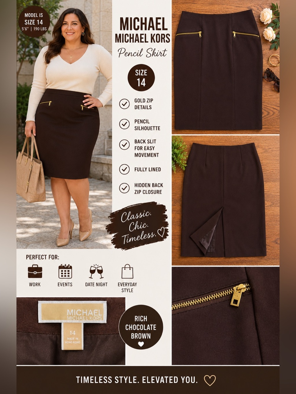 MICHAEL Michael Kors Chocolate Brown Pencil Skirt with Gold Zips Women’s Size 14
